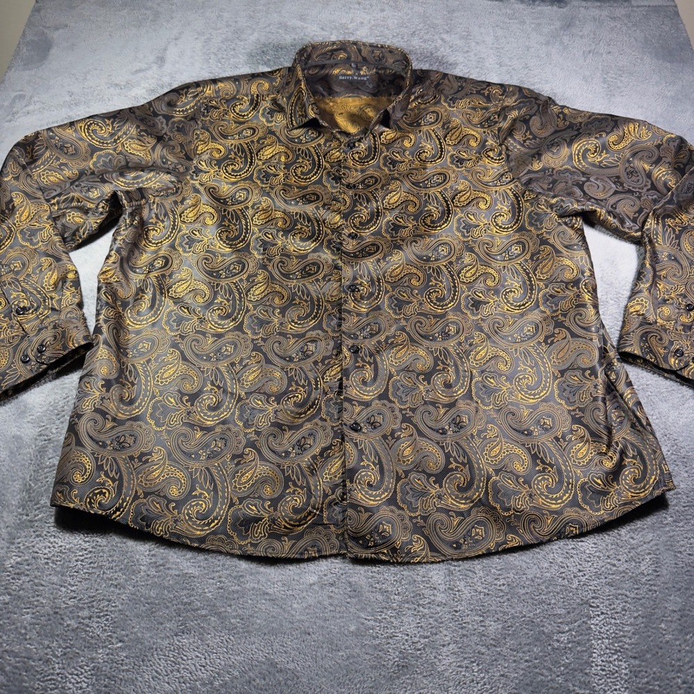 Barry Wang Mens 3XL Gold Black Paisley Jacquard Silk Blend Long Sleeve Shirt